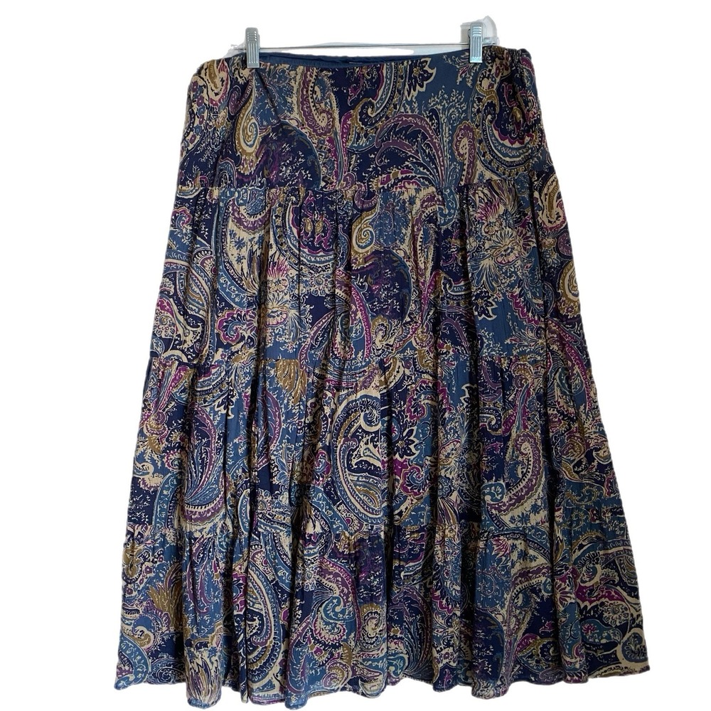 Vintage Midi A Line Pull On Skirt L Multicolor Paisley Boho Peasant Cottage